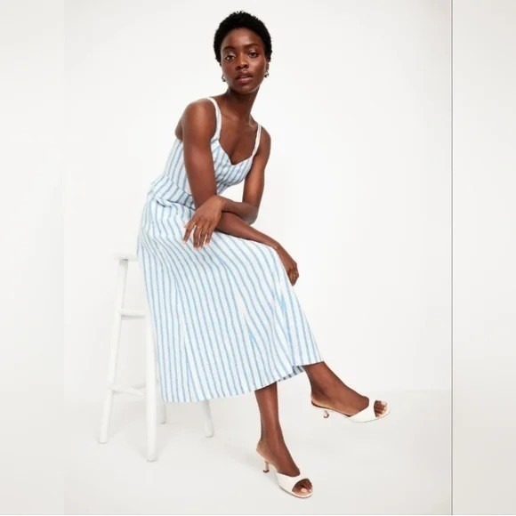 Old Navy Fit & Flare Sleeveless Linen Blend Blue White Stripe Midi Dress: L EUC - Picture 4 of 13